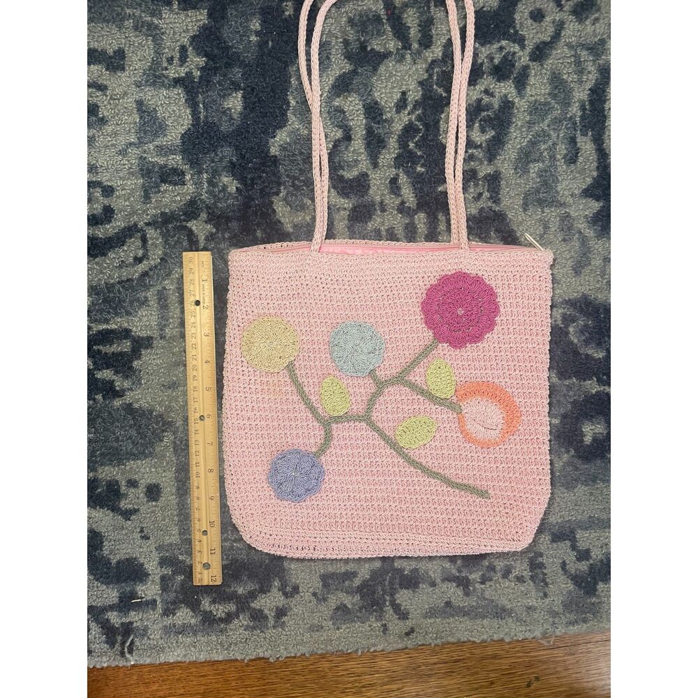 Pink Purse Flower Detail Crochet Inspired Shoulder Bag Garden Granny Whimsy - Picture 7 of 11